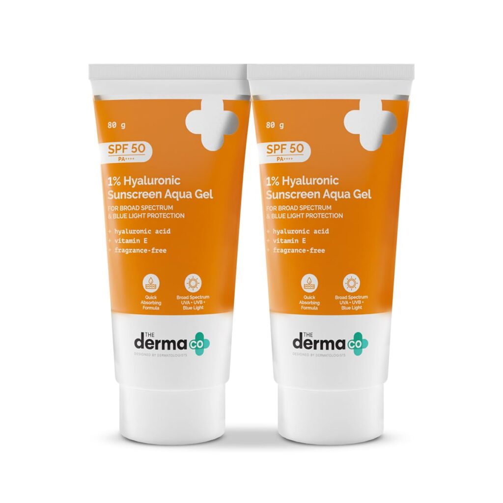 The Derma Co 1% Hyaluronic Sunscreen Aqua Gel SPF 50 PA++++ | Hyaluronic Acid for Deep, Long Lasting Hydration | Ultra Lightweight Texture I Non-Greasy, No White Cast | Broad Spectrum Protection & Blue Light Protection | For Men & Women | 80 g x 2