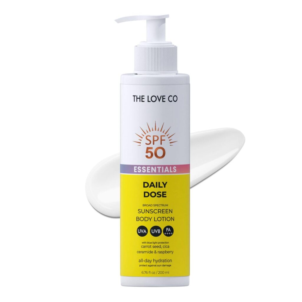 THE LOVE CO SPF50 Sunscreen Body Lotion - PA++++ UVA UVB Protection | Daily Moisturizer with Carrot Seed, Niacinamide & Ceramide | Lightweight, Non-Greasy, Quick Absorbing | Paraben-Free | For All Skin Types | 200ml