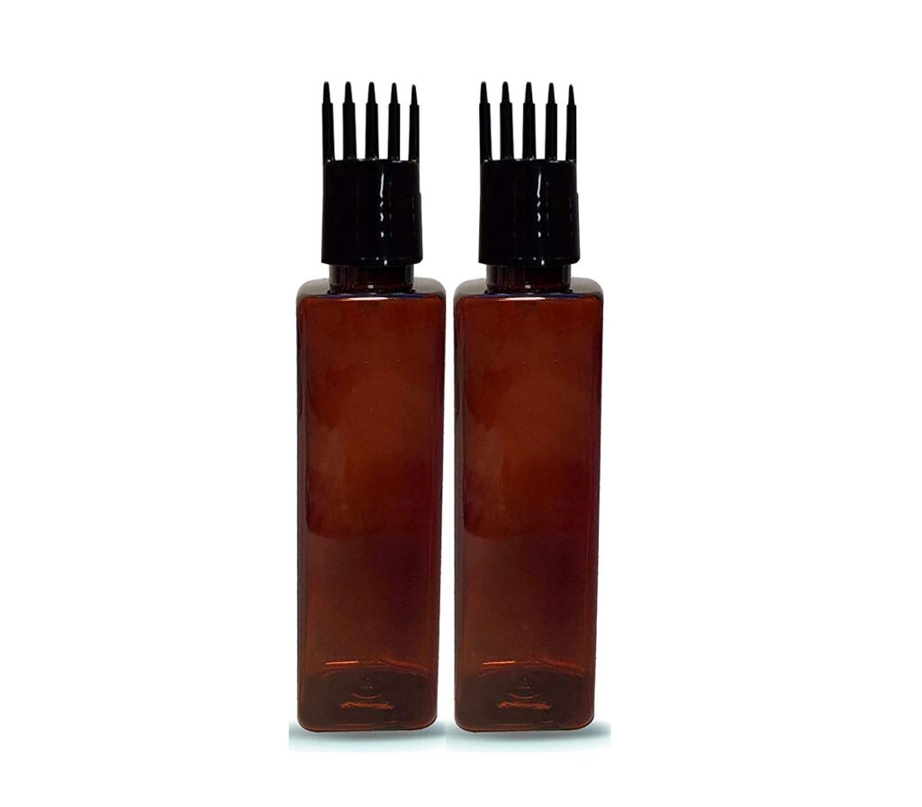 PHARCOS Hair Root Applicator (Black) with Classic Amber Square Bottle, Flip top Cap, Plug for applying Hair Oil,Shampoos, DIY care and Medicine 100 ml (Pack of 2- Amber)