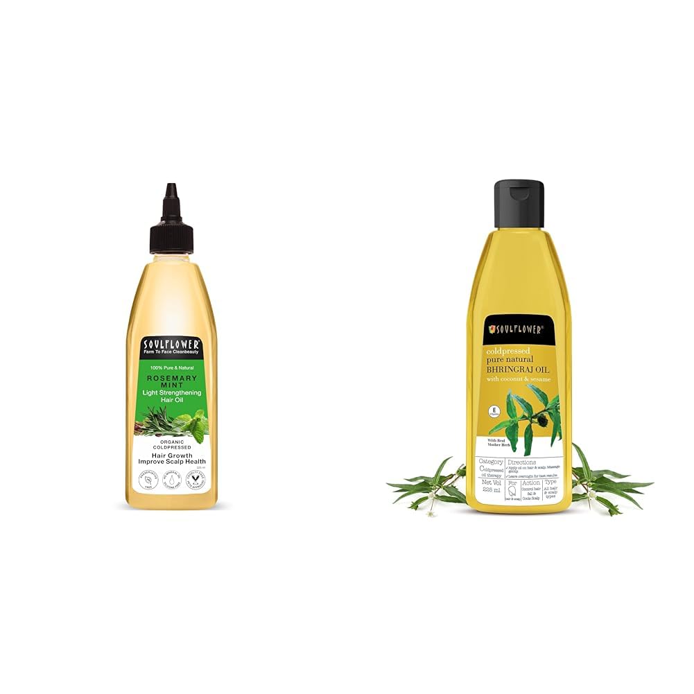 Soulflower Rosemary Mint Hair Oil Cold-Pressed Bhringraj Oil-Pure & Natural| Hair Growth, Strengthening & Nourishing hair roots, Anti-Dandruff, Cooling Scalp| Coconut, Sesame, Mother herb| 225ml