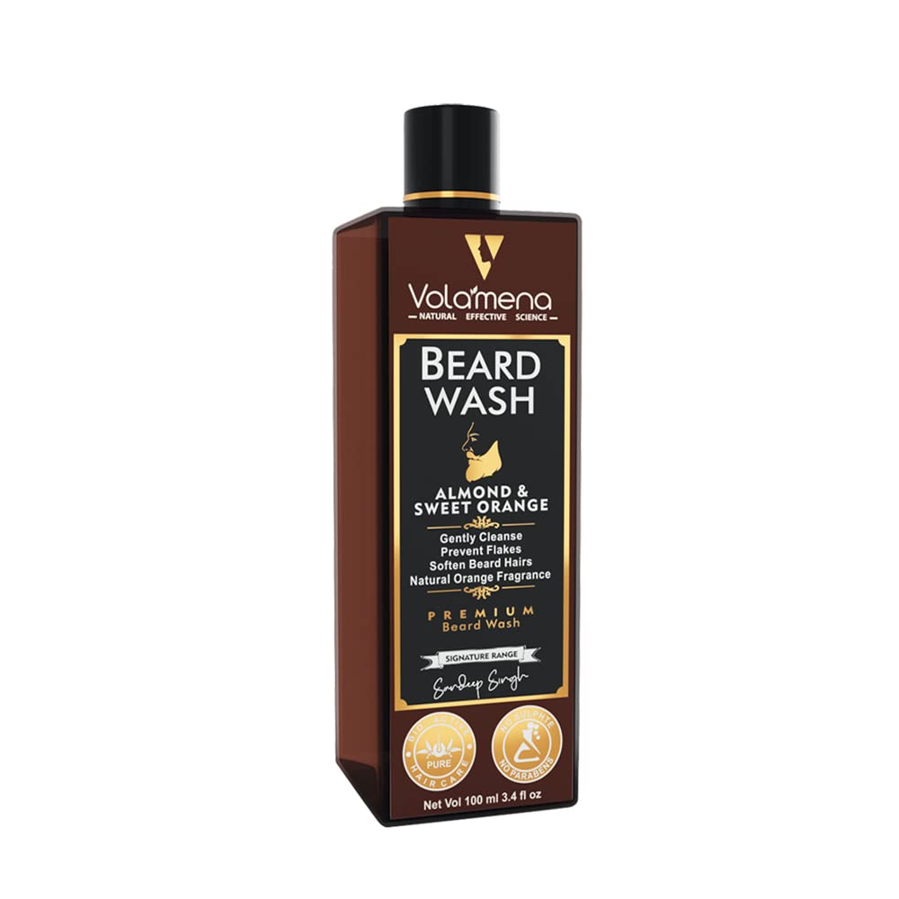 Volamena Almond & Orange Beard Wash 100ml – Purifying Beard and Skin Cleaner for Men with Sweet Almond Oil & Argan Oil, Gently Cleanses, Softens & Nourishes Beard Hair, Hydrates Skin, Prevents Dryness & Irritation, Ideal for Daily Use, Refreshing Almond-Orange Scent, Healthy Beard Care