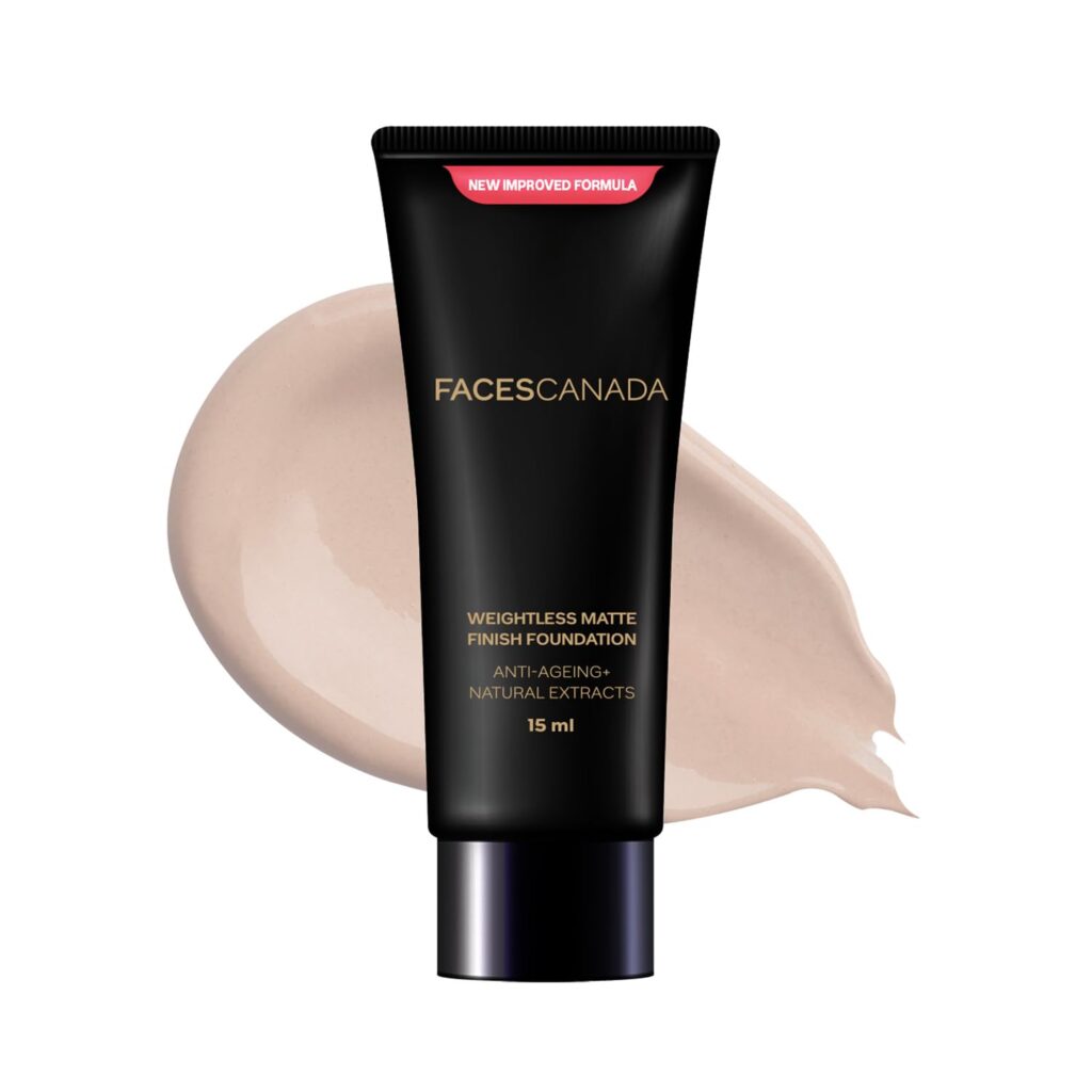 FACES CANADA Weightless Matte Finish Foundation - Natural 02, 15 ml | Ultra Blendable Smooth Texture | Natural Matte Finish | Anti-Ageing | Grape Extract, Shea Butter, Olive Seed Oil Enriched