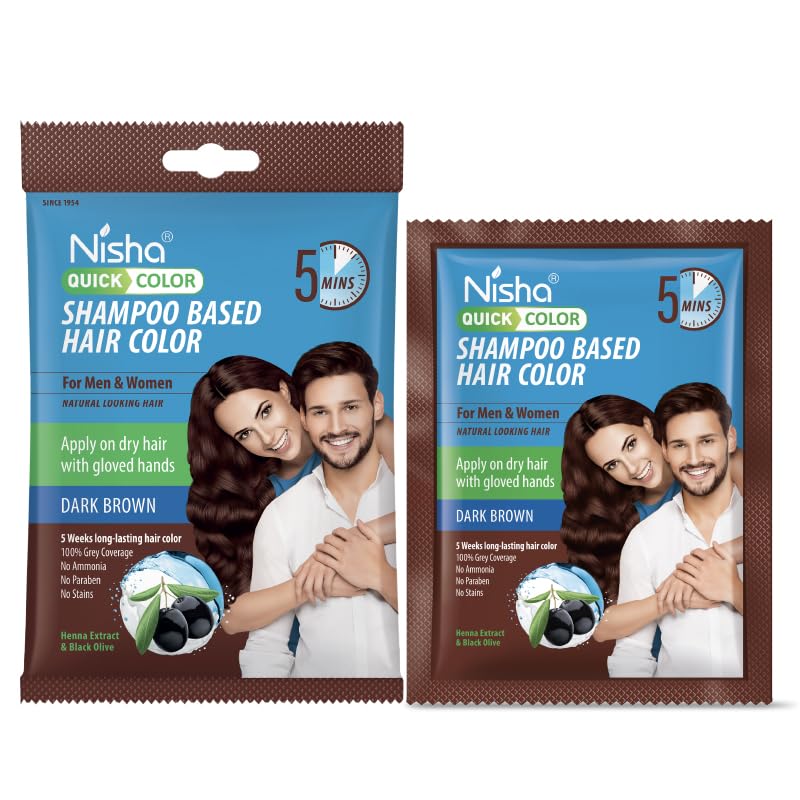 Nisha Dark Brown 5 Minute Shampoo Hair Color, Long Lasting Permanent Hair Colour For Women & Men, Ammonia Free Hair Dye, 100% Grey Coverage (8 Pouch - 20ml Each)