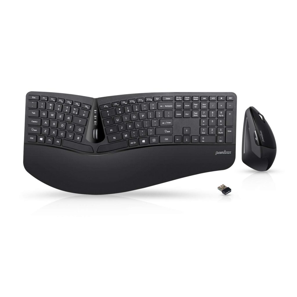 PERIDUO-605 Wireless Ergonomic Keyboard and Vertical Mouse Combo – Split Low-Profile Keyboard with Adjustable Palm Rest and 5-Button Mouse – Black, US English Layout