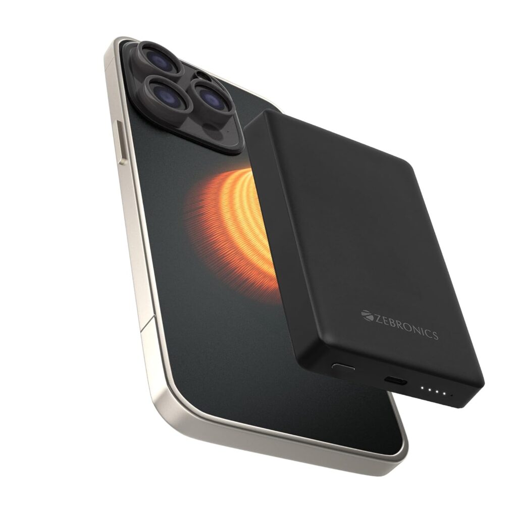 ZEBRONICS 10000 mAh MagSafe-Compatible Wireless Power Bank, Fast Charging 15W Wireless & 22.5W Wired, for iPhone 16,15,14,13,12, Android & Other Qi Enabled Devices, Compact Design (MW68, Black)