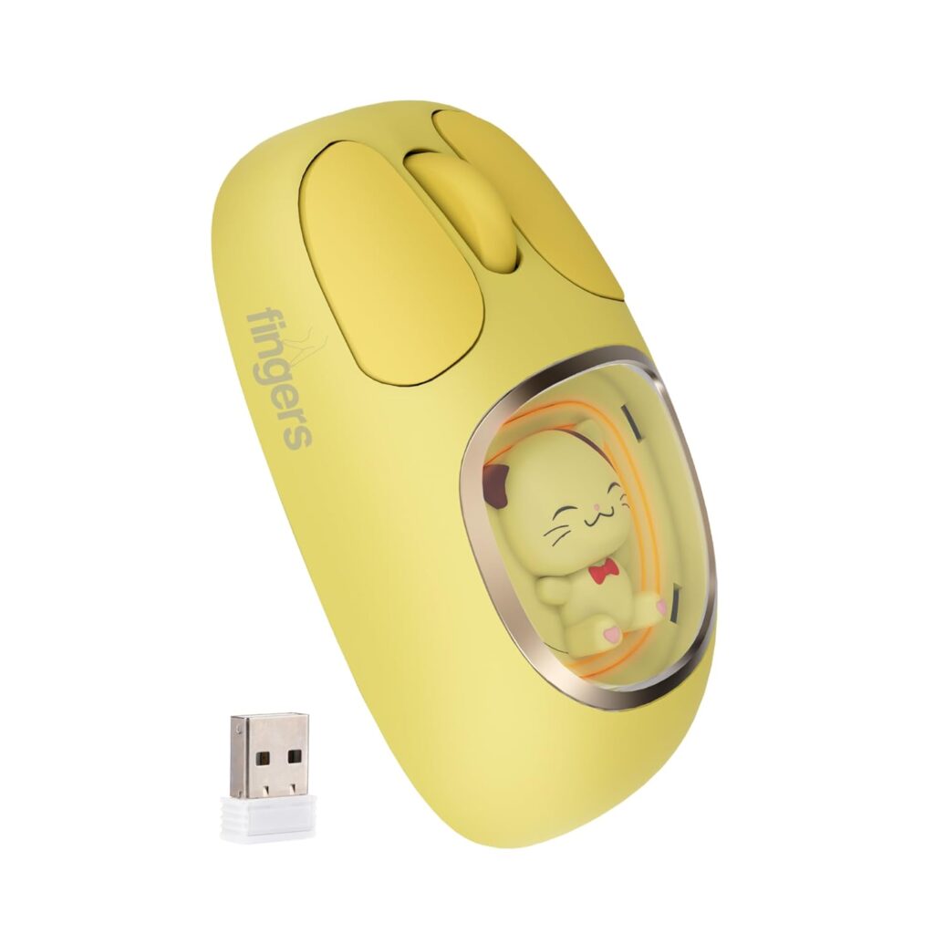 FINGERS CuteClicks WB4 Wireless Mouse - Adorable Design, 3-in-1 (USB + Bluetooth + Rechargeable), RGB Lights, 1200 DPI, Ambidextrous, Silent Clicks, 25-Day Battery (Sunshine Yellow)
