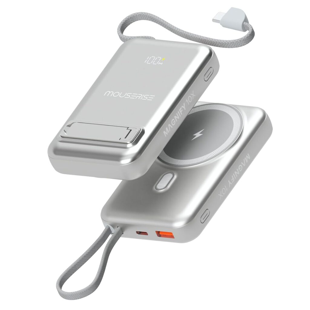 Magnetic Wireless Power Bank 10000mAh, 15W Fast Charging Portable Charger with Built-in USB-C Cable, LED Display & Foldable Stand, Slim Battery Pack for iPhone 16/15/14/13 Series, and Android (Silver)