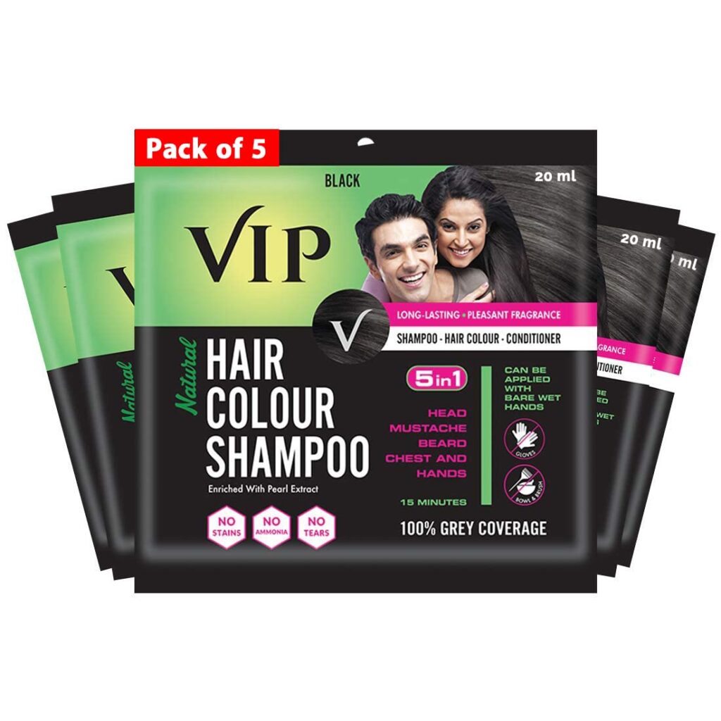 VIP Hair Colour Shampoo Black, 20 ml Pack of 5 | Men's Hair Color 100% Grey Hair Coverage for Beard, Moustache, Chest and Hand Hairs | Alternative to Traditional Hair Dye Shampoo