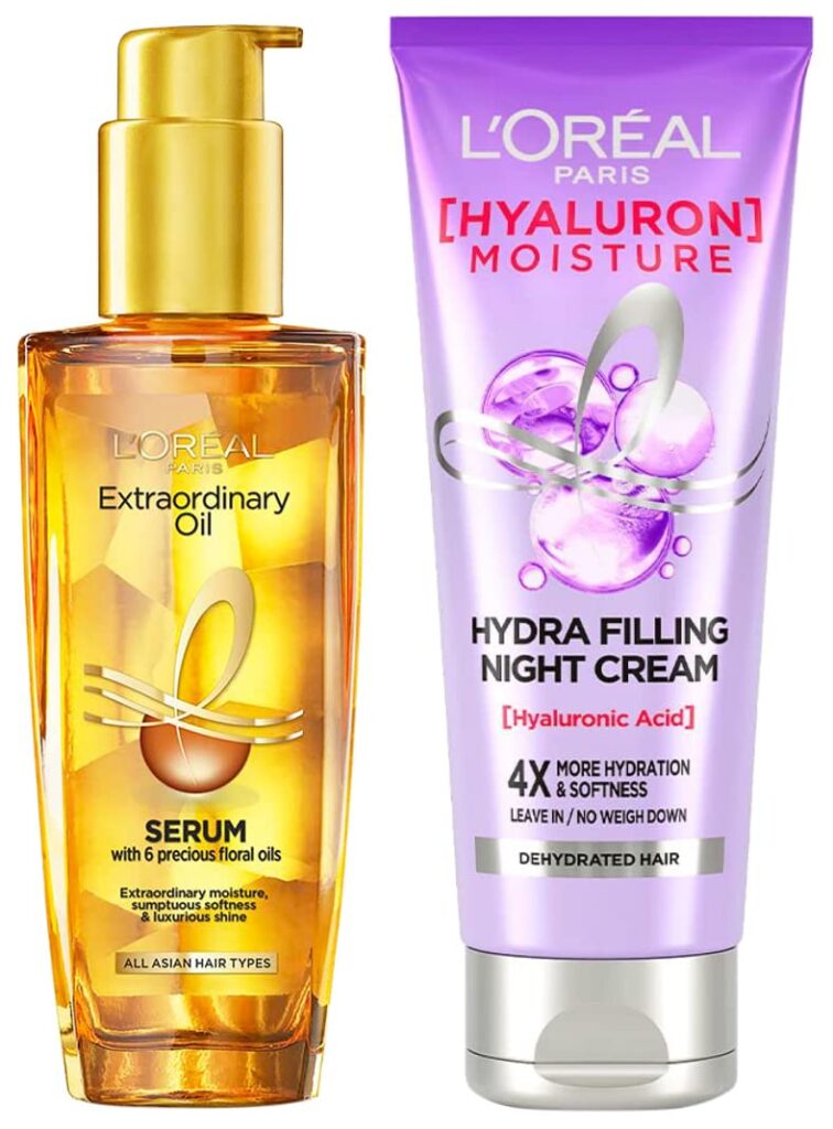 L'OREAL PARIS Extraordinary Oil Hair Serum For Unisex, 100ml & Hyaluron Moisture 72H Hydra Filling Night Cream, 180ml
