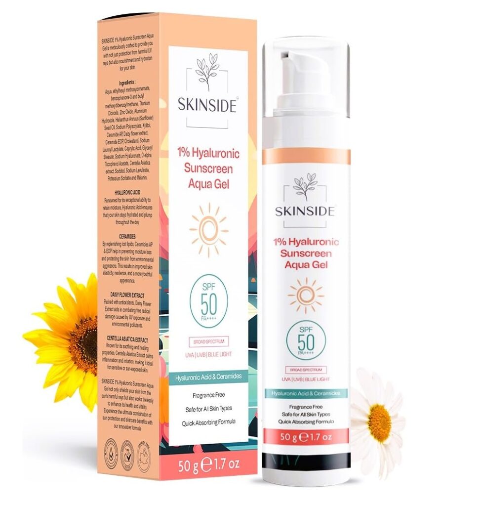 SkinSide 1% Hyaluronic Sunscreen Aqua Gel Ultra Light SPF 50 PA++++ | UVA UVB & Blue Light Protection | Zero White Cast | For All Skin Types | For Men & Women (50g)
