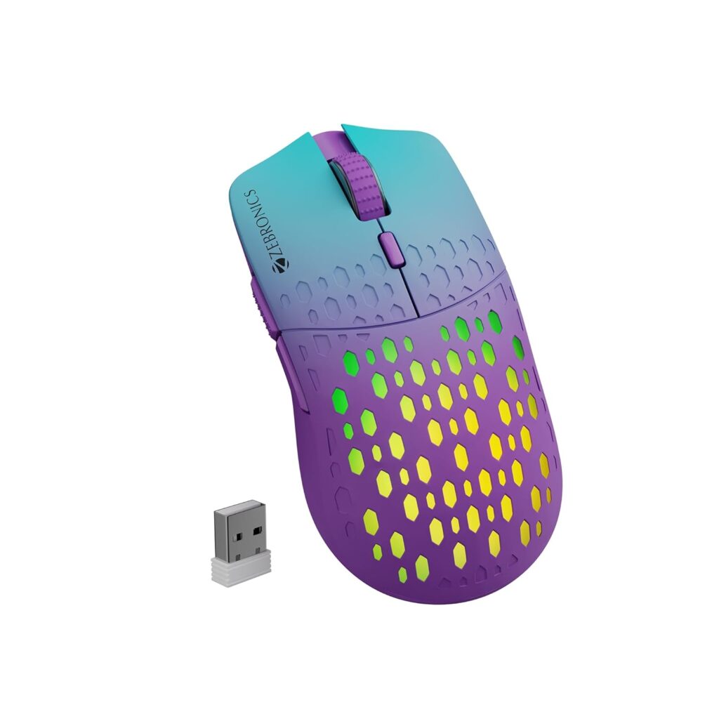 ZEBRONICS Marine Wireless Mouse with Rechargeable Battery, BT + 2.4GHz, 6 Buttons, 4 DPI, 1000/1600/2400/3200, Comfortable & Ergonomic Design, Multicolor LED Lights (Purple)