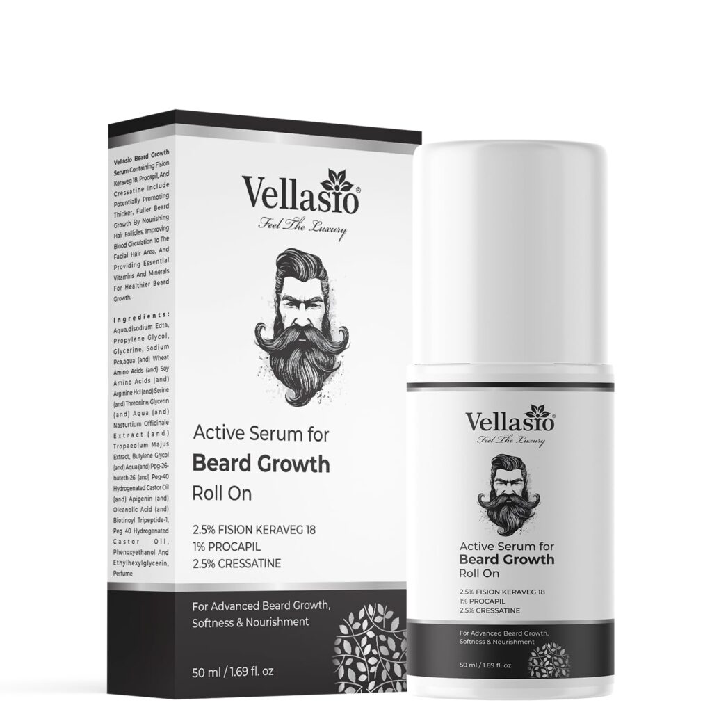 VELLASIO Beard Growth Roll On, 100% Organic All Natural Beard Oil Blend for Thicker, Fuller, and Healthier Beards | Softness and Nourishment Beard Oil - 50 ml/1.69 fl.oz