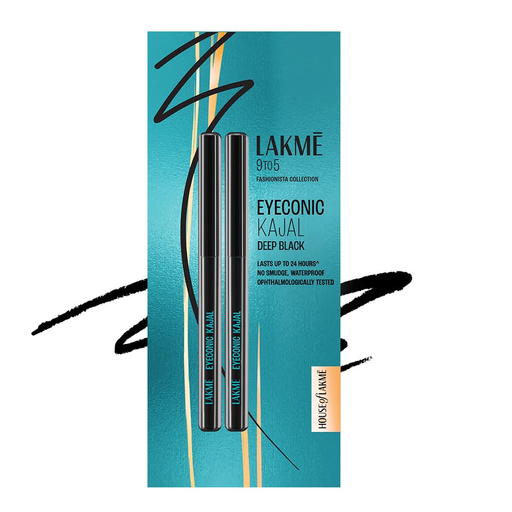 LAKMÉ 9 to 5 Eyeconic Kajal Twin Pack, Matte Waterproof Kohl, Smudge Proof Kajal Pencils that lasts hours, Pack of 2- Deep Black, 0.35g