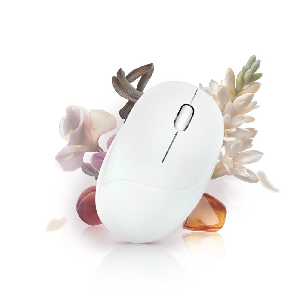 ASUS MD101 Fragrance Mouse, Dual-Mode connectivity, Adjustable DPI Upto 2400, PTFE Mouse feet, Refillable Fragrance Design, Silent Clicks, Upto 12-Months Battery*, Iridescent White, Lightweight 67.6g