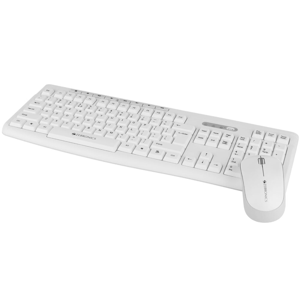 Zebronics Wireless Keyboard & Mouse Combo, 112 UV-Printed Keys, ₹ Key, 8 Multimedia Keys, Retractable Stand, 3 Button Mouse, 1200 DPI, High Precision, USB Nano Receiver (Companion 112, White)