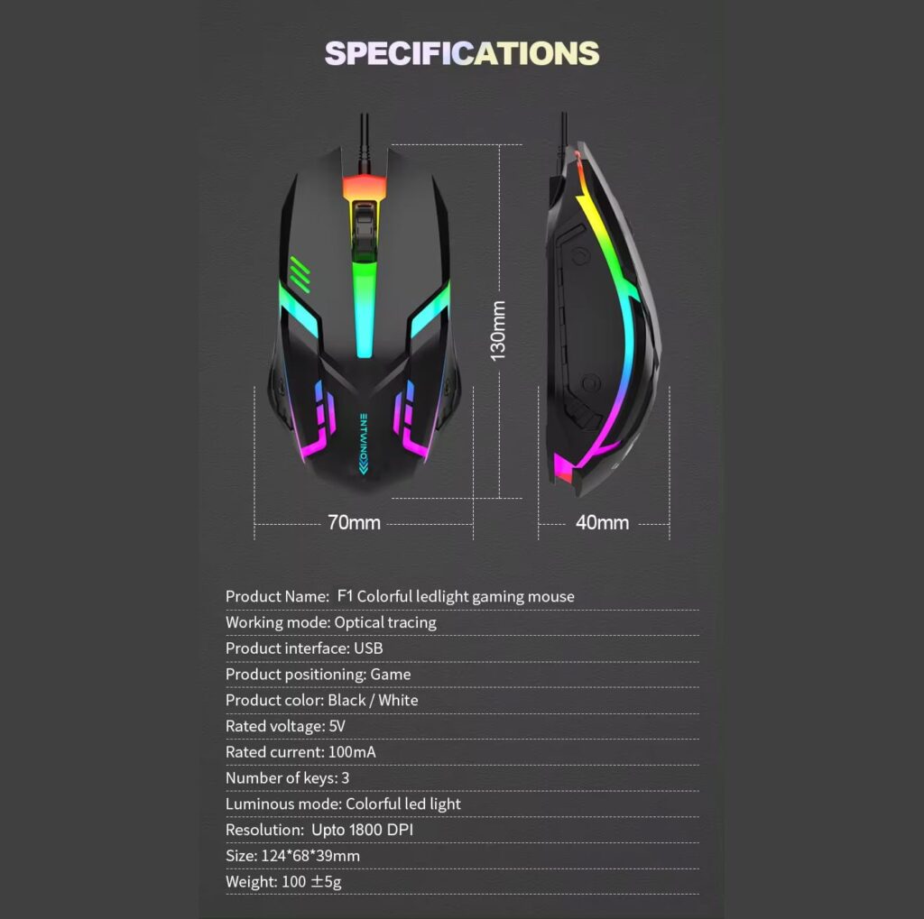 ENTWINO USB Wired Gaming Mouse D1 Black, LED Backlight up to 1800 DPI, Ergonomic Design for Laptop & PC