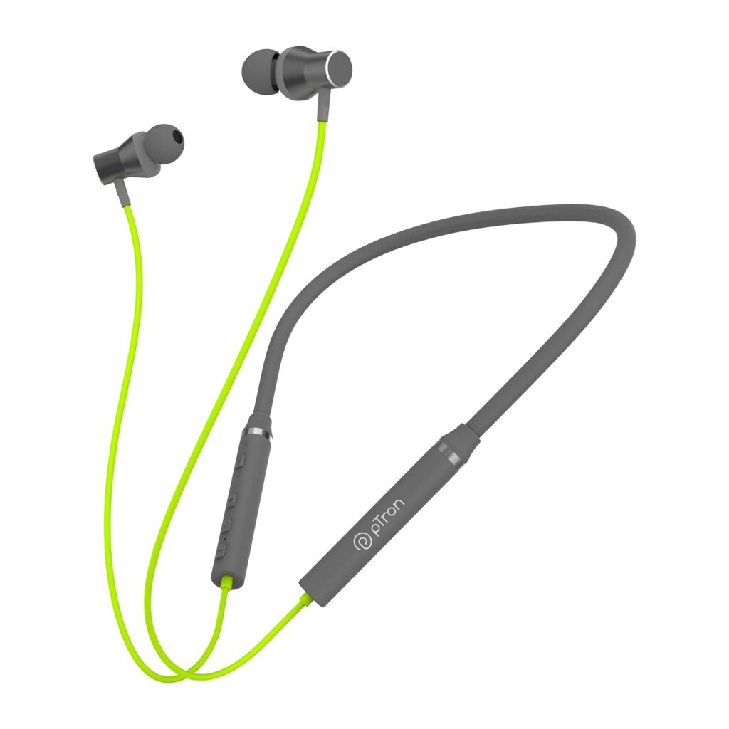 pTron Tangentbeat in Ear Bluetooth 5.0 Wireless Headphones, Deep Bass, 18H Playtime, Clear Calls, Dual Device Pairing Wireless Neckband, Fast Charging, Voice Assistant & IPX4 (Green/Grey)