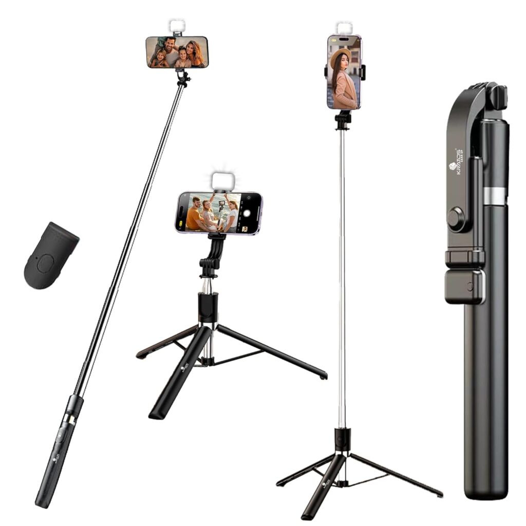 Kratos K9 Selfie Stick Tripod With Light, 67 inch /170CM Reinforced Tripod for Mobile Phone, Multi-Functional Bluetooth Long Selfie Stick for Travel,Vlogging,Compatible with iPhone and All Smartphones