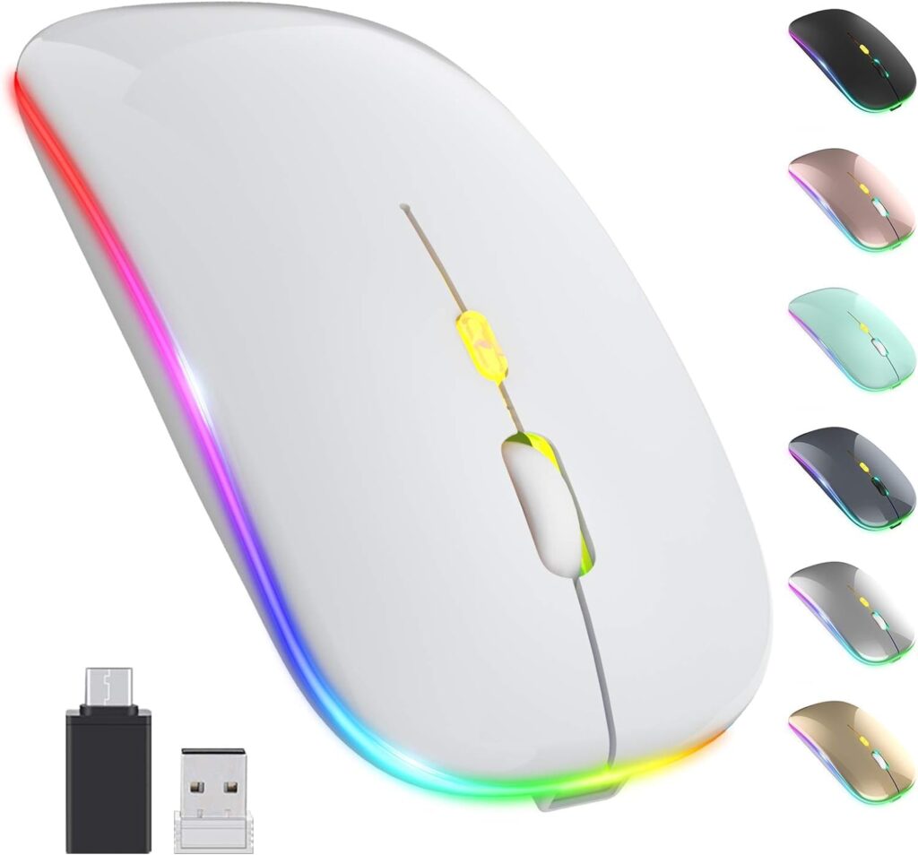 CLUSPEX LED Wireless Mouse, Slim Silent Mouse 2.4G Portable Mobile Optical Office Mouse with USB & Type-c Receiver, 3 Adjustable DPI Levels for Notebook, PC, Laptop, Computer (White)