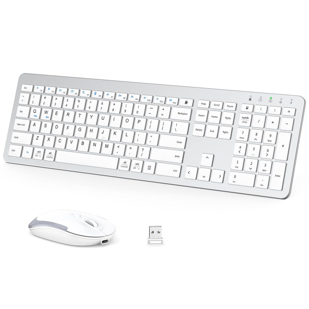 ​​iClever GK08 Wireless Keyboard and Mouse - Rechargeable Ergonomic Keyboard with Number Pad, Silent Typing, 2.4G Stable Connection, Slim Design for Mac & Windows (Silver)​​