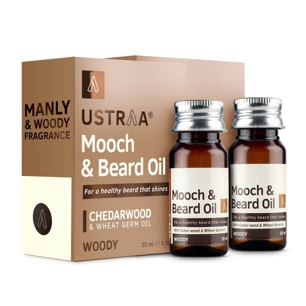 Ustraa Woody Mooch and Beard Oil - 2 x 35ml - Shine, Nourishment & Pleasant Fragrance for beard | No Paraben | Cedar Wood Essential Oil & Wheat Germ Oil rich in Vitamin E (Set of 2)