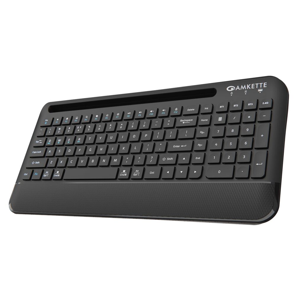 Amkette Optimus Pro Max Multi Device (4in1) Rechargeable Wireless Keyboard/Bluetooth Keyboard with Scissor Keys | One Click Device Switching and AI Access for MacOS, Windows, Android & iOS (Black)