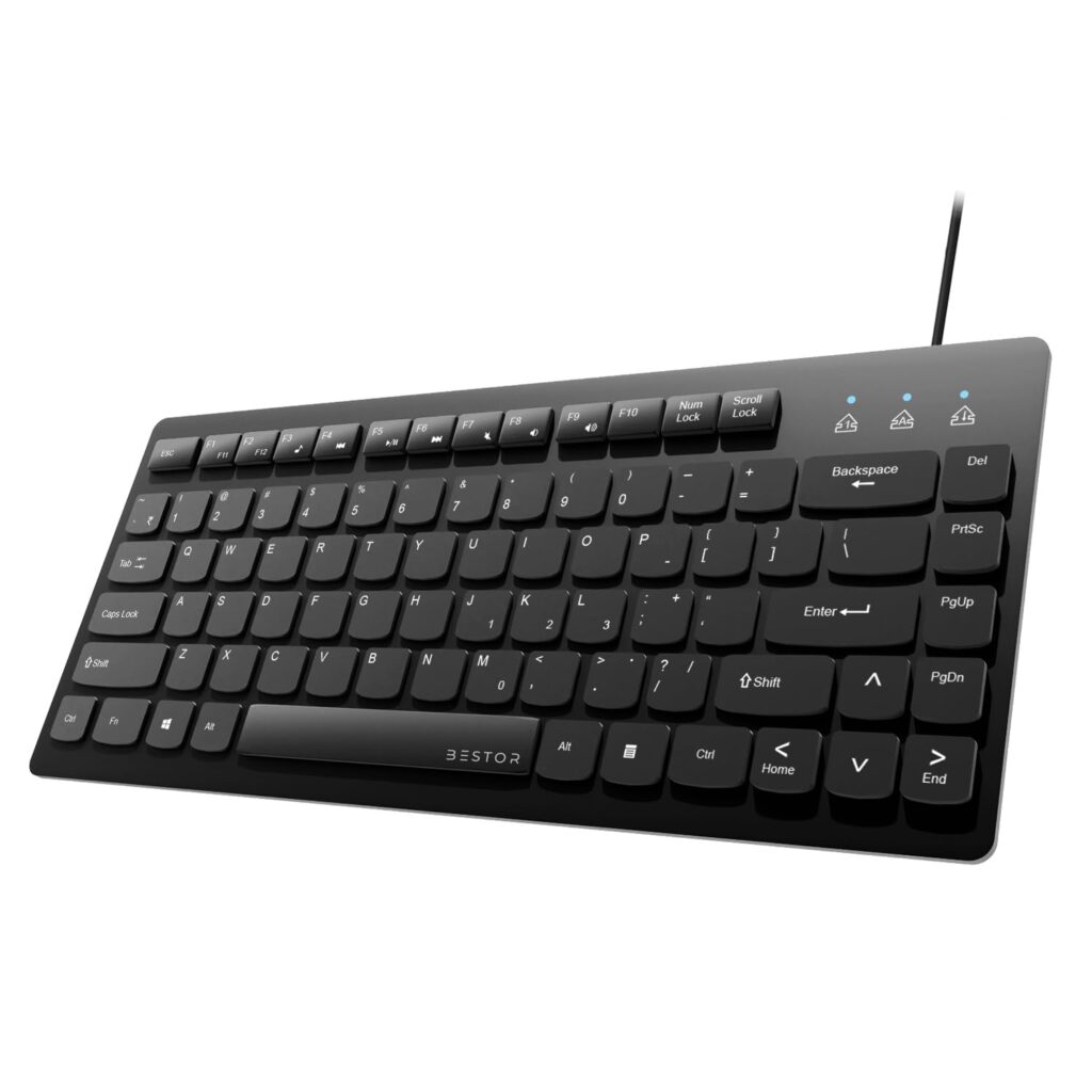 BESTOR Clickmini Wired Mini Keyboard with 82 Keys, USB Plug & Play, Spill Resistant Design, Lightweight & Portable, Including Function Keys & Rupee Key, Compatible with Computer and Laptop (Black)