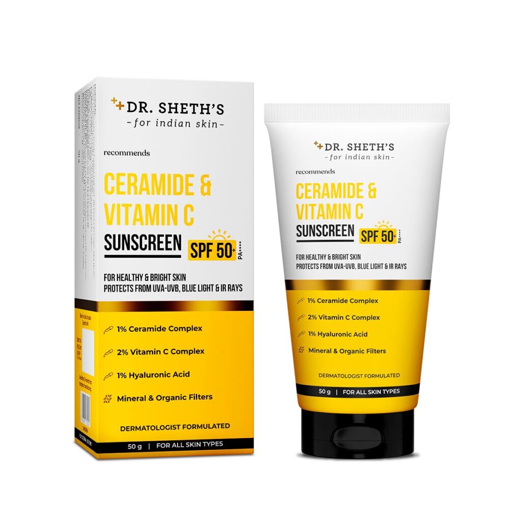 Dr. Sheth's Ceramide & Vitamin C Sunscreen|SPF 50+ Pa+++|In-Vivo Tested|For Bright Skin & Healthy Glow|Non-Greasy & White Cast,Quick-Absorbing|UVA/B & Bluelight Protection|Unisex|For All Skin Type|50g