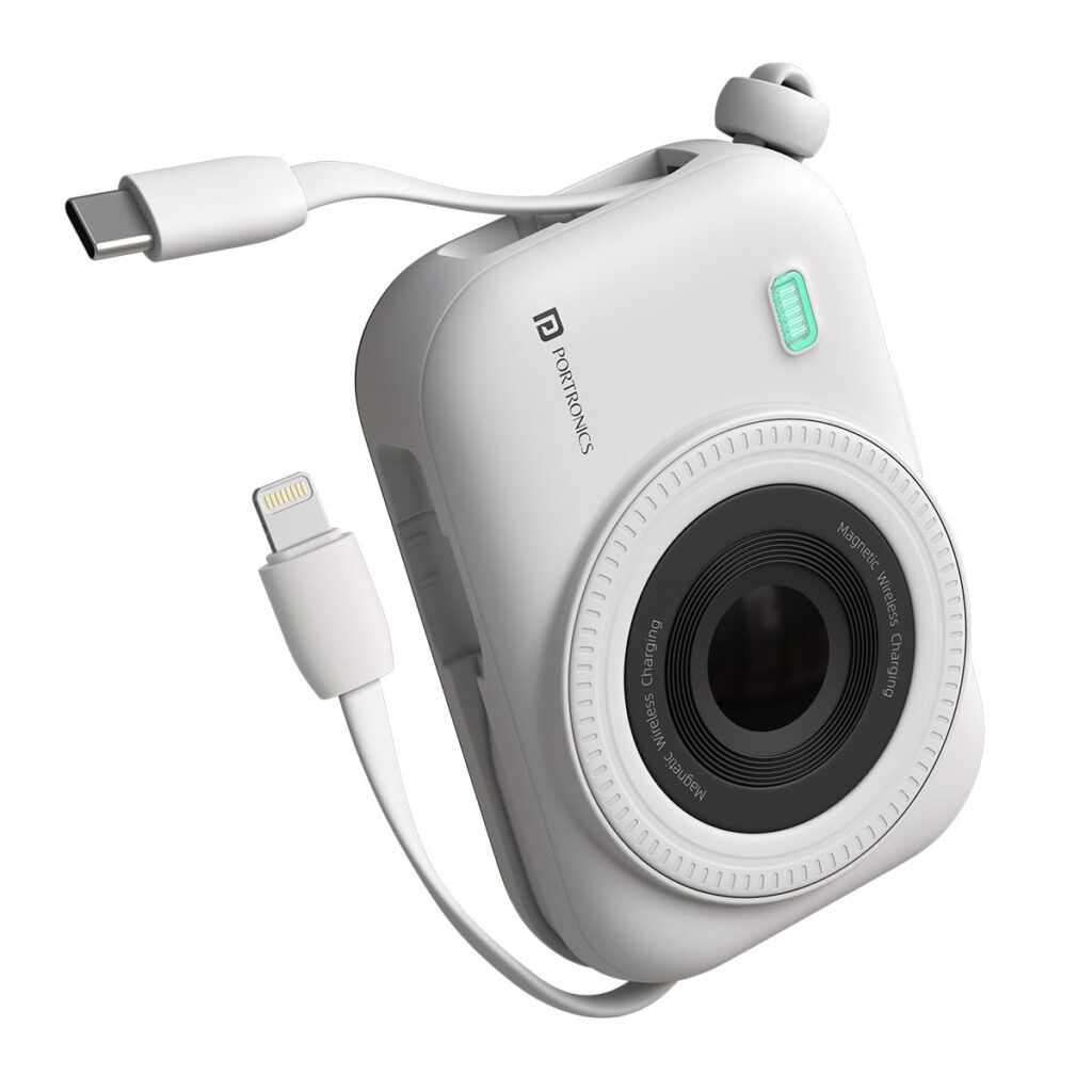 Portronics Power Shutter 10000mAh 15W Magnetic Wireless Fast Charging Powerbank with in-Built Type C & 8 Pin Cable, 22.5W Type C PD Output, Type C Bidirectional Port, LED Display (White)