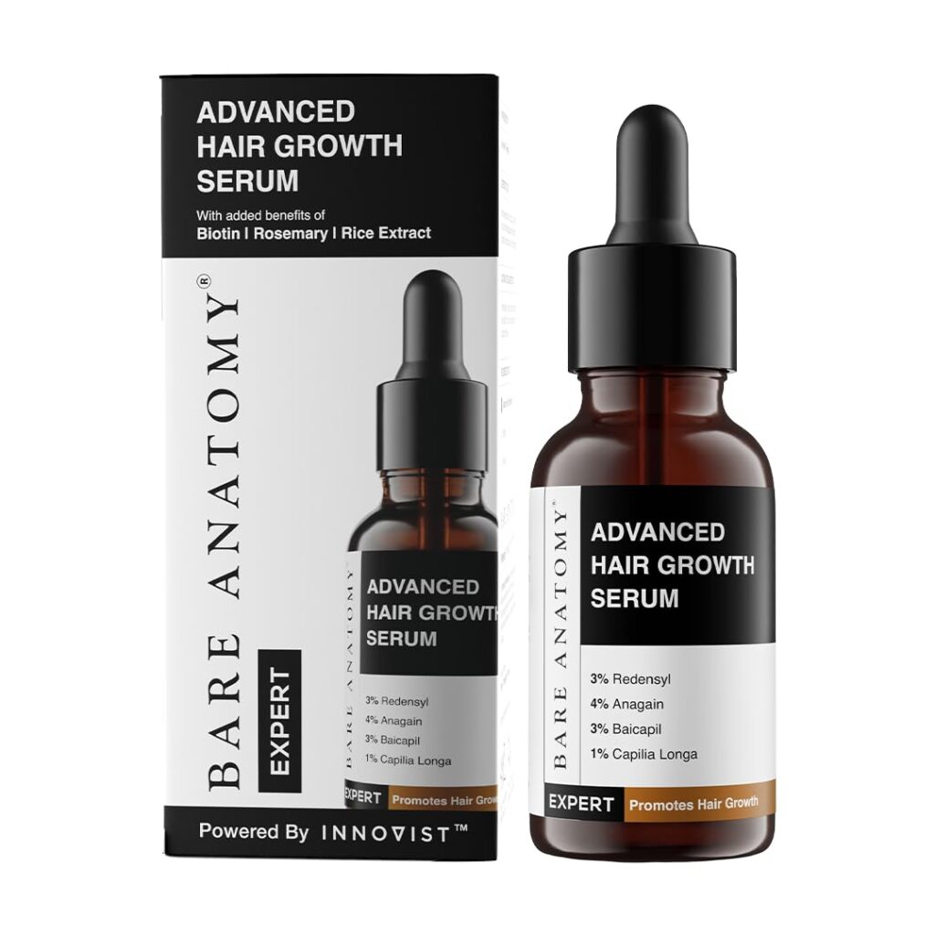 Bare Anatomy Advanced Hair Growth Serum | 3% Redensyl + 4% Anagain + 3% Baicapil + 1% Capilia Longa, Rosemary, Biotin & Rice Extract | Thick Density | Hair growth & Hair fall control serum for Women & Men | 30ml