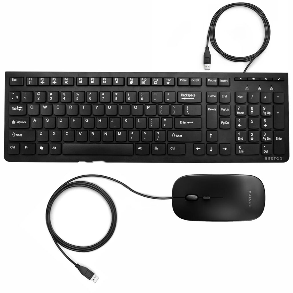 Bestor Wired Keyboard and Wired Mouse Combo, Full-Size Keyboard and Mouse Combo with Optical 3 Button Mouse, USB Plug-and-Play, Compatible with Desktop, Laptop, (Black)