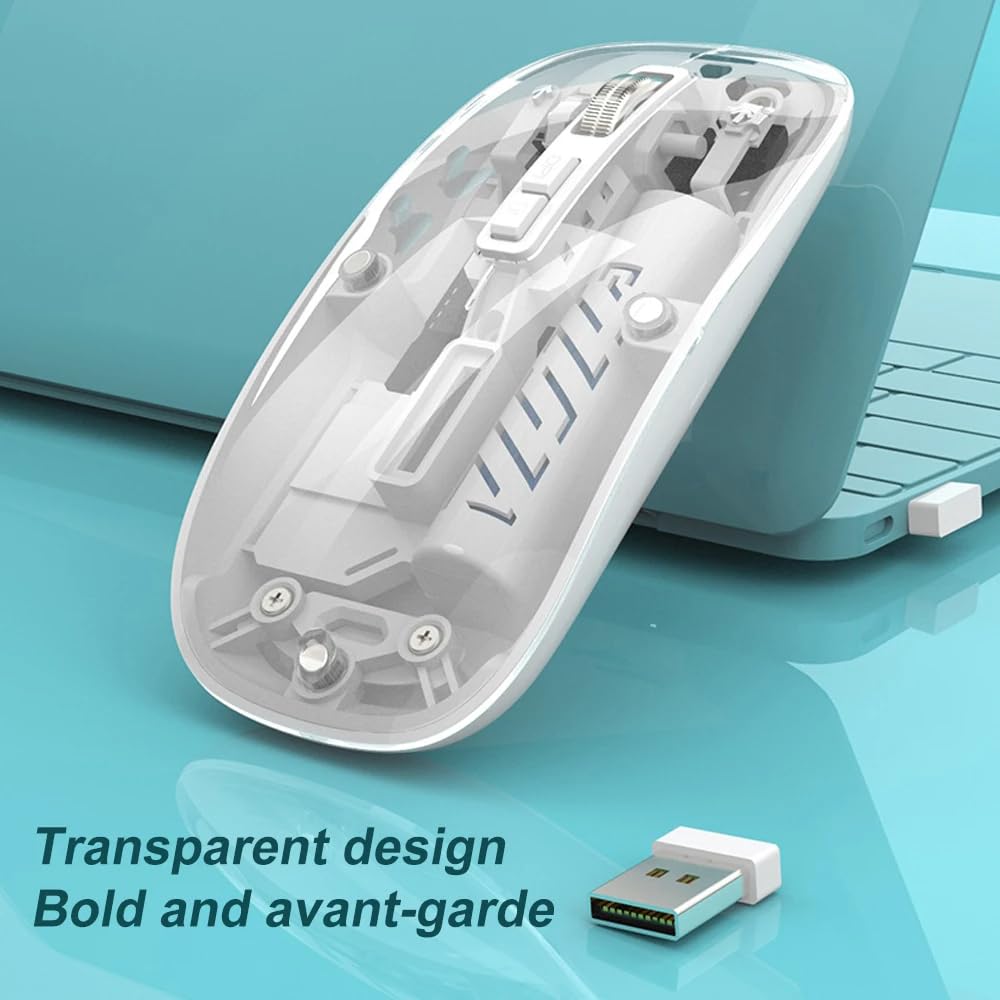 upsimples Transparent Wireless Mouse [Battery Level Visible] Bluetooth Rechargeable Mouse,2.4G/USB-C/Bluetooth,Adjustable DPI Ergonomic Silent Click for PC Laptop Notebook (Multicolor)