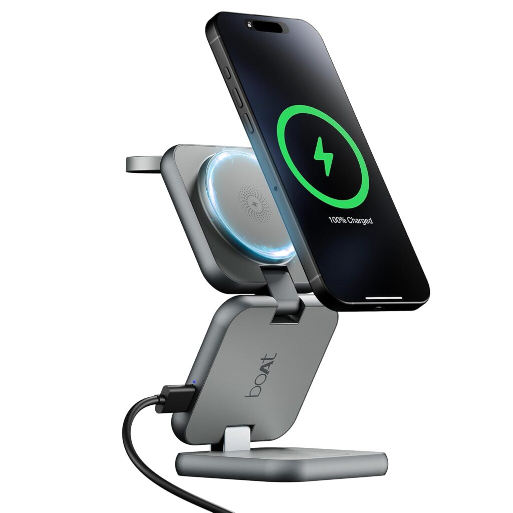 boAt New Launch FlexCharge 360 Wireless 3-in-1 23W Charger; Charge Upto 3 Devices, Foldable, Magnetic & Multi-Angle Charging; LED Indicator & Anti-Slip Finish(Slate Grey)
