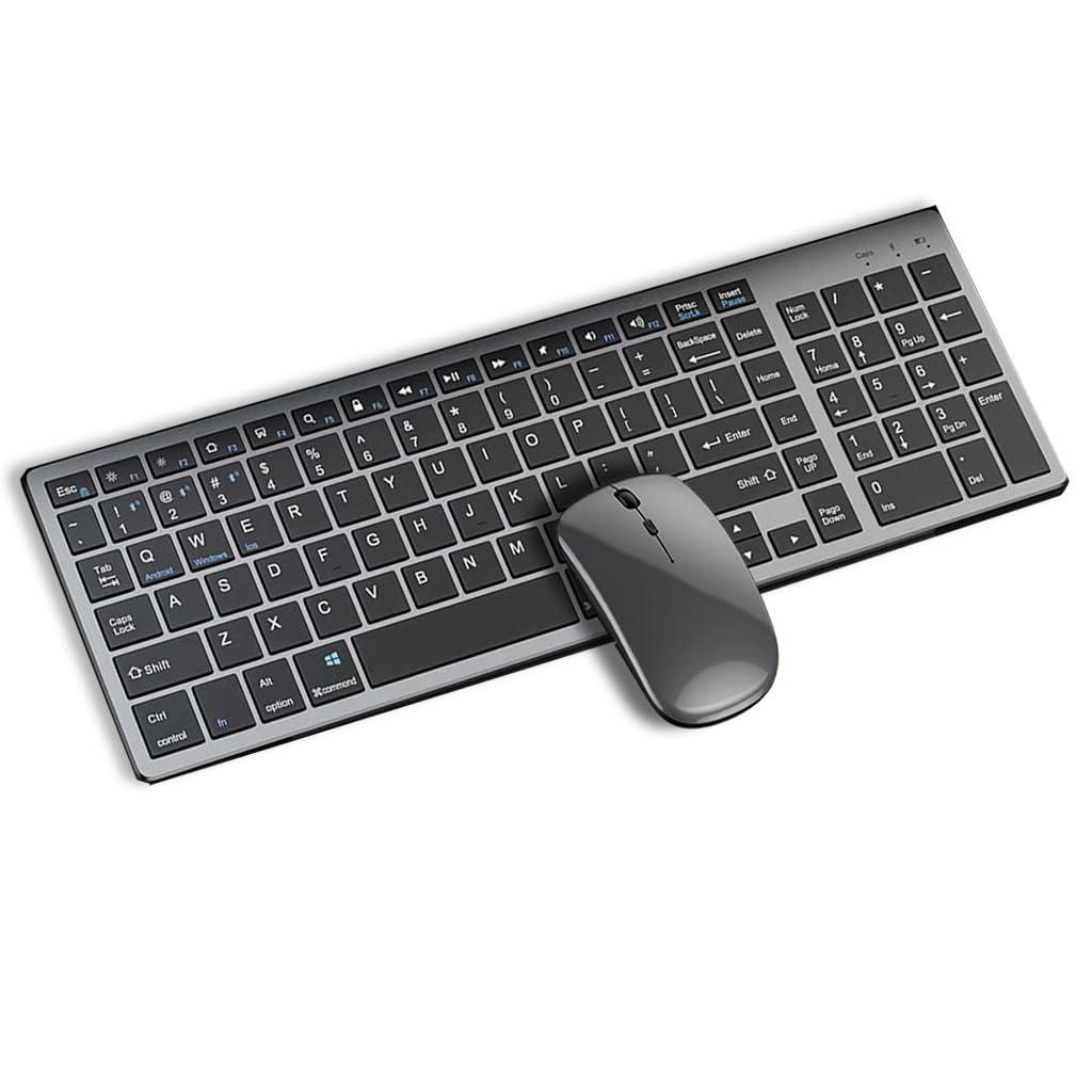TECPHILE Wireless Keyboard and Mouse Combo, Multi Device Keyboard (3 Bluetooth5.0 + 2.4Ghz USB) Connectivity, Keyboard Protector, Easy Switch, Quiet, Rechargeable, for Computer, Tablet, Mac, Desktop