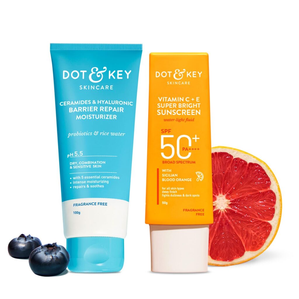 DOT & KEY Ceramides & Hyaluronic Skin Barrier Repair + Face Cream For Dry Skin-100G & Vitamin C+E Super Bright Sunscreen Spf 50 Pa+++ - 50G | For Men & Women, 1 Count