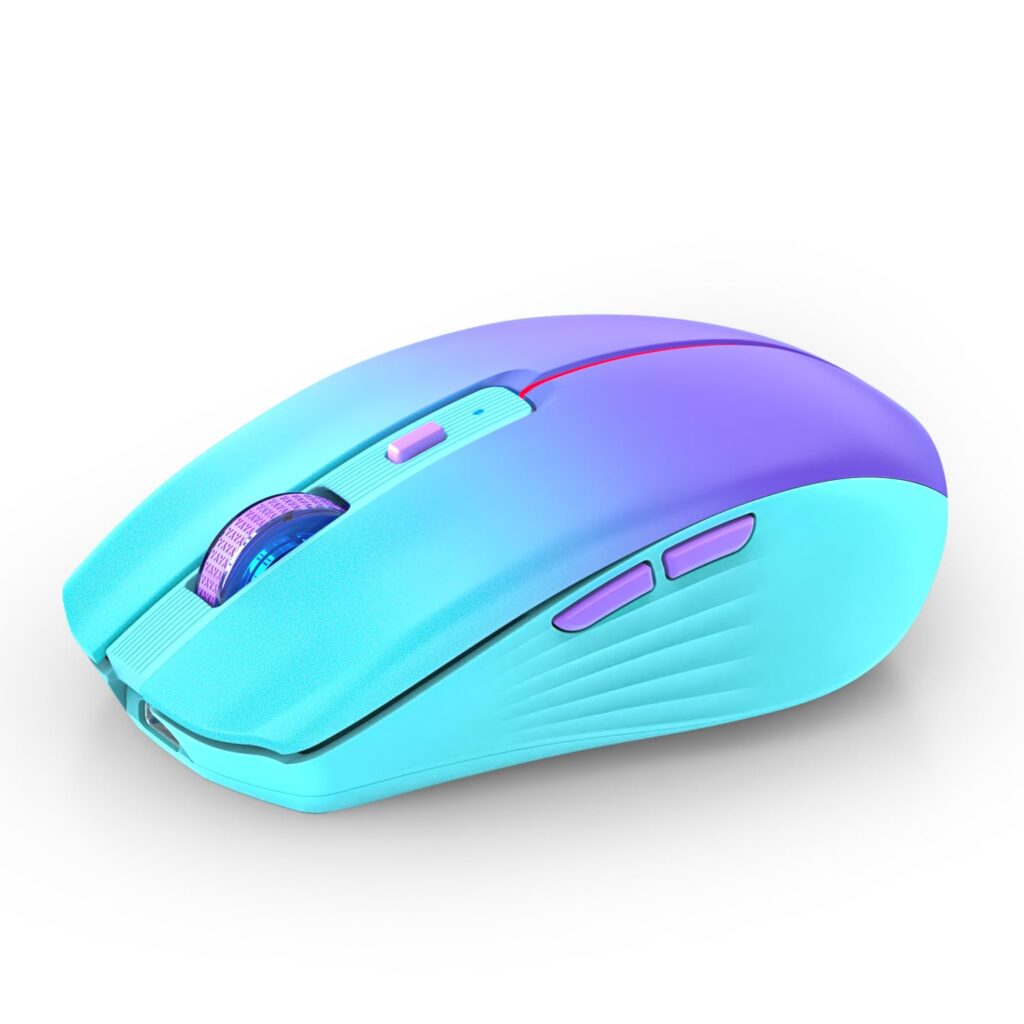 RAPIQUE Bluetooth Wireless Mouse, Rechargeable Slient Multi-Device Computer Mice (Tri-Mode: BT1/2+2.4Ghz) with USB Receiver, Ergonomic Cordless Mouse for Laptop/MacBook/PC/iPad(Mint Green to Purple)