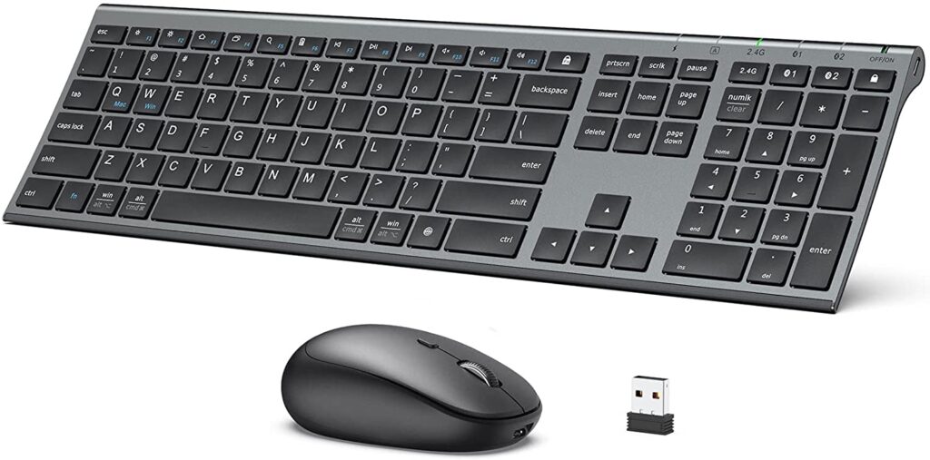 iClever Wireless Keyboard and Mouse DK03, Rechargeable Dual-Mode (Bluetooth+2.4G) Bluetooth Keyboard and Mouse Set, Ultra-Slim Multi-Device Keyboard for Mac, iPad, Apple, Android, Windows, Grey
