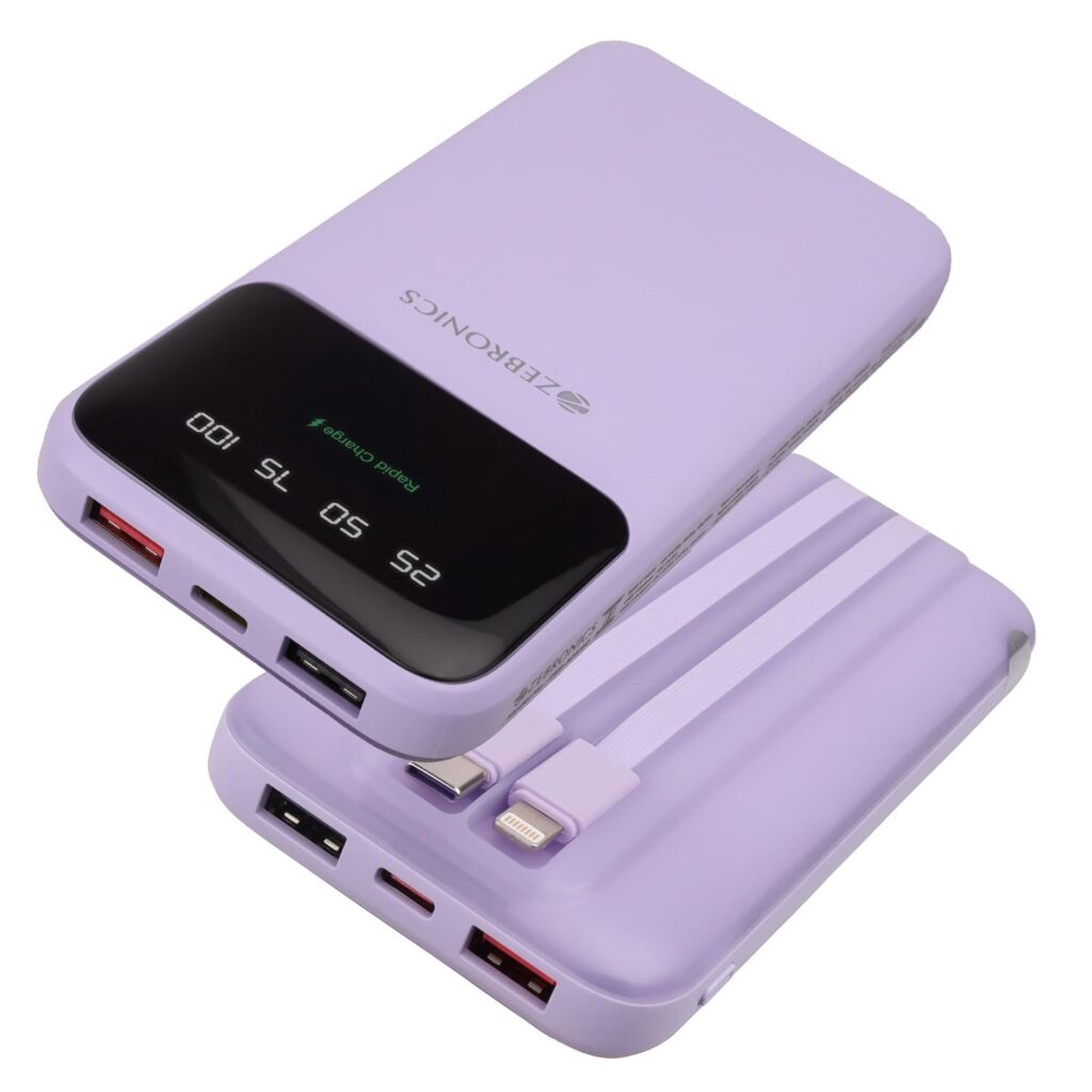 ZEBRONICS MW60 Power Bank, 10000 mAh, Rapid Charge, 20W Output, Outputs - Dual USB | Dual Type C | Lightning, Type C PD, LED Indicator, Built in I/O Cables, Made in India (Lavender)