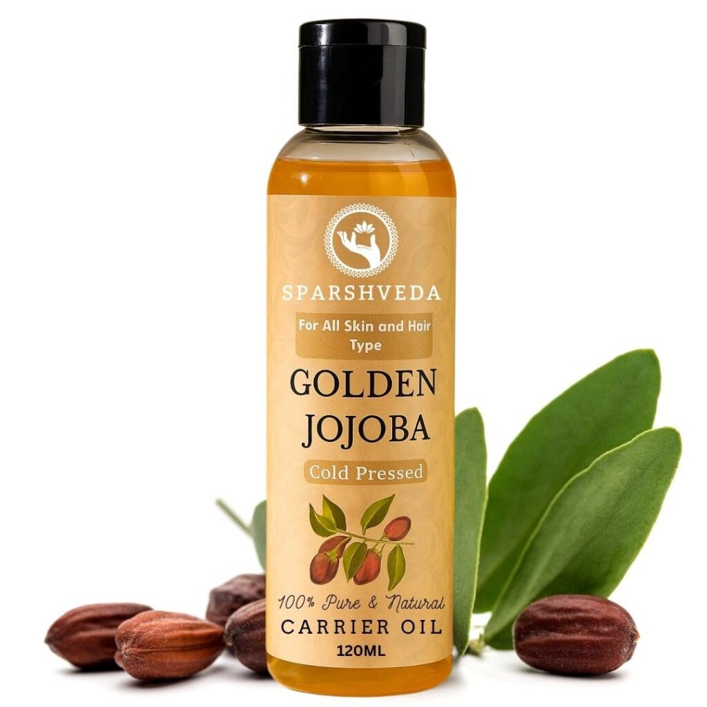 Sparshveda Golden Jojoba Oil 120ml – 100% Pure & Cold Pressed Organic Carrier Oil for Hair Growth, Skin, Face & Massage Unrefined & Non-Greasy For Low Porosity Hair & Glowing Skin