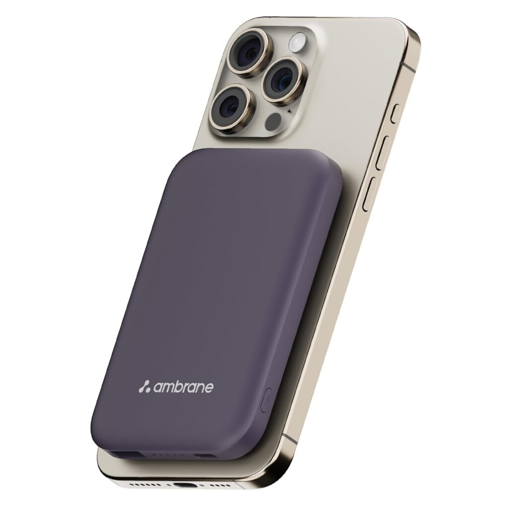 Ambrane Newly Launched 5000Mah Magnetic Wireless Powerbank Slim Fast Charging with 20W Wired Output, 15W Wireless Output,for iPhone 12,13,14,15,16 Other Qi Devices + Magnetic Ring (PB 5S - Purple)