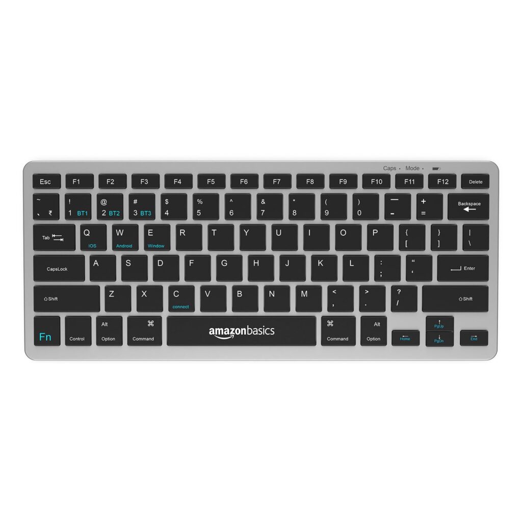 (Refurbished) amazon basics Wireless Bluetooth Keyboard | Easy Switch for Up to 3 Devices | Ideal for Tablets & Mobiles | iOS, Windows, Android Compatible | Type C Port | Noiseless Keys | 78 Keys (Black and Grey)