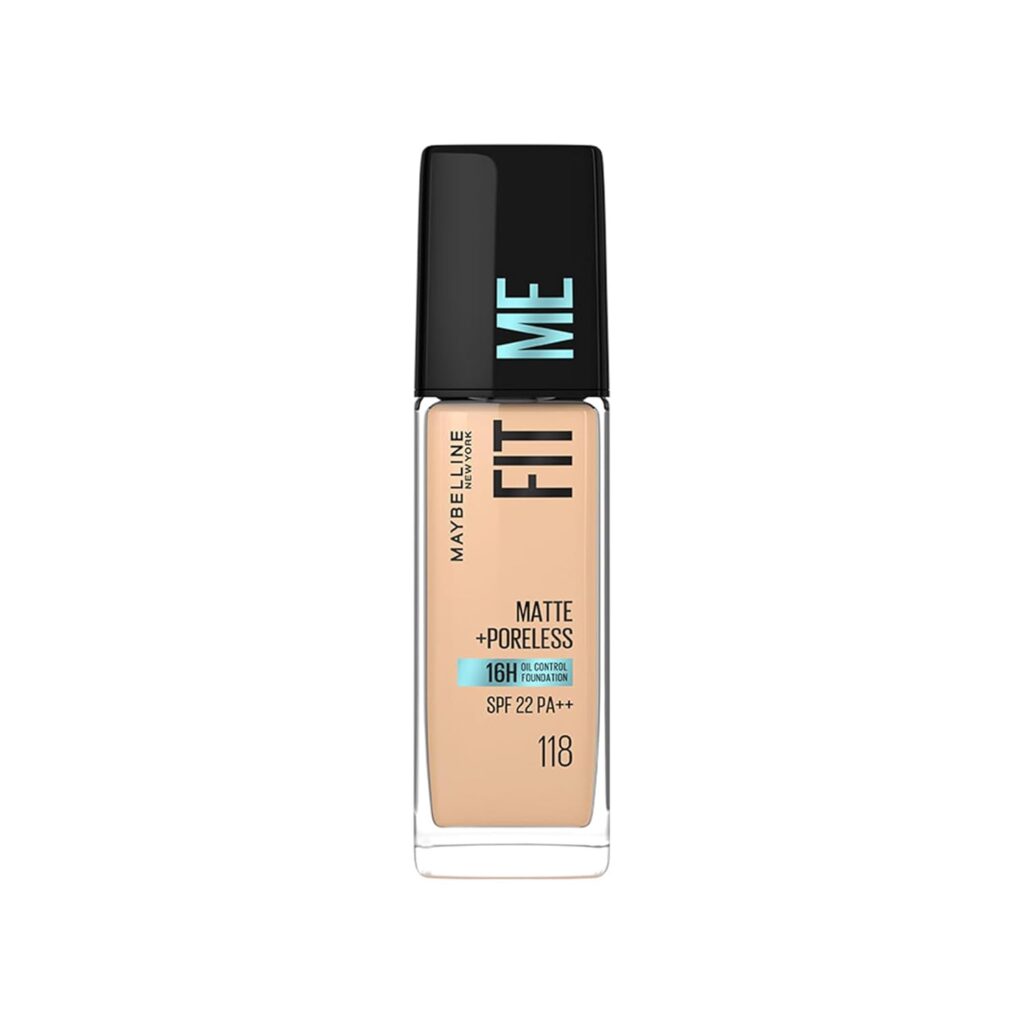 Maybelline New York Fit Me Matte + Poreless Liquid Foundation, pore minimising Foundation, lightweight formula suitable for daily use, Matte Finish Foundation for Indian Skin - 118 Light Beige, 30 ml