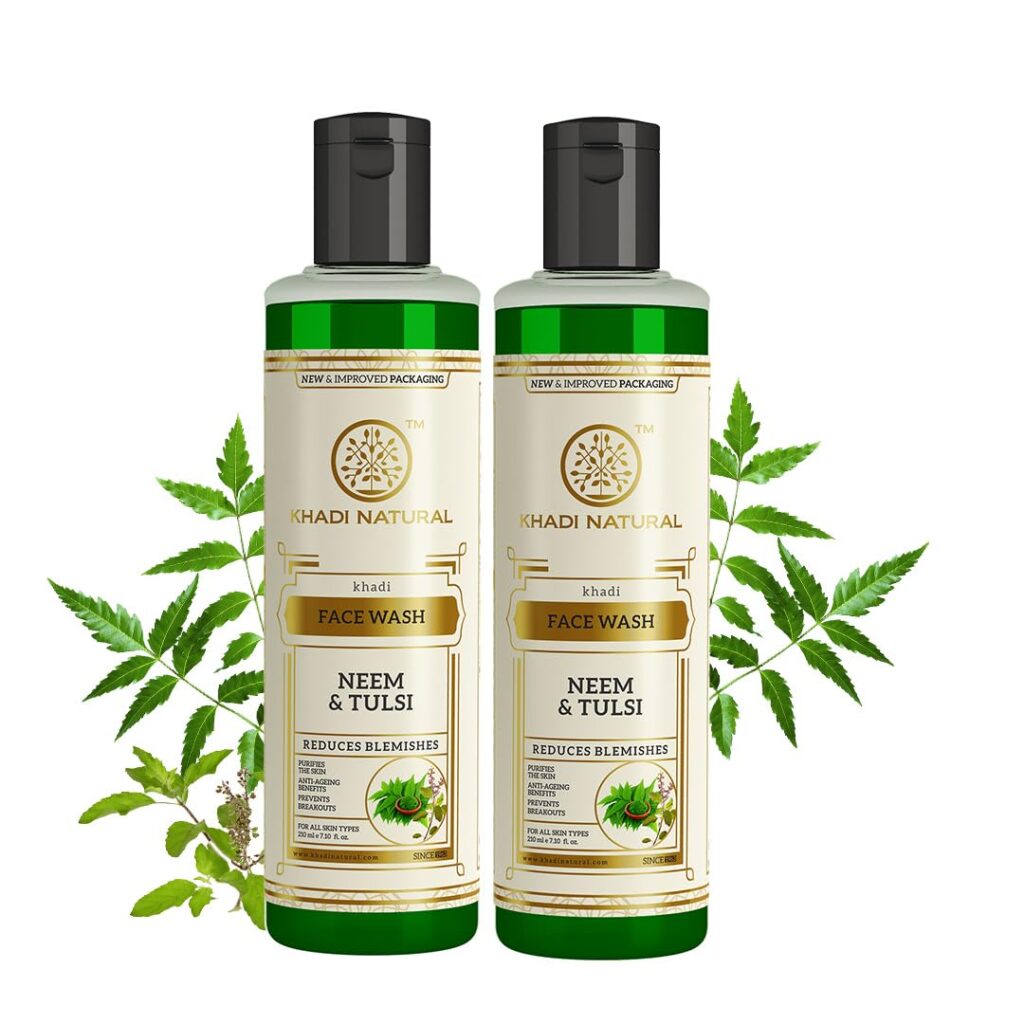 KHADI NATURAL Neem and Tulsi Herbal Face Wash| |Anti inflammatory and Antiseptic properties|Treats acne and breakouts| Pack of 2| (210ml x 2)(420 ml)