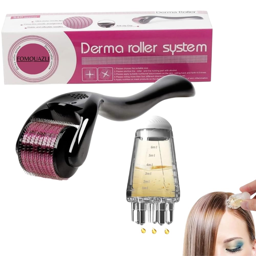 FOMQUAZLI Roller with Hair Oil Applicator Comb, Beard Regrowth 540 Micro 0.5mm Titanium Needles Reduces Hair Fall & Stimulates Follicles Scalp Roller for Growth