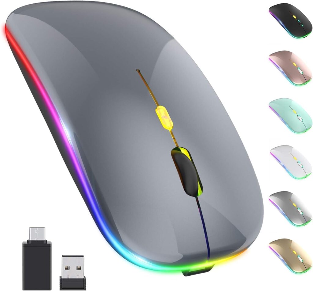CLUSPEX LED Wireless Mouse, Slim Silent Mouse 2.4G Portable Mobile Optical Office Mouse with USB & Type-c Receiver, 3 Adjustable DPI Levels for Notebook, PC, Laptop, Computer (Gray)