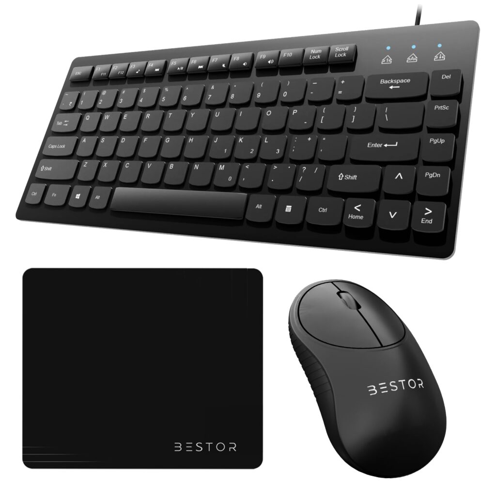 Bestor Set of 3 Combo Set Mini Wired Keyboard Wireless Mouse and Mouse Pad Black Stitched, Reversible use, Splash-Proof, Anti-Skid for Gaming, Computer, Laptop (Black)