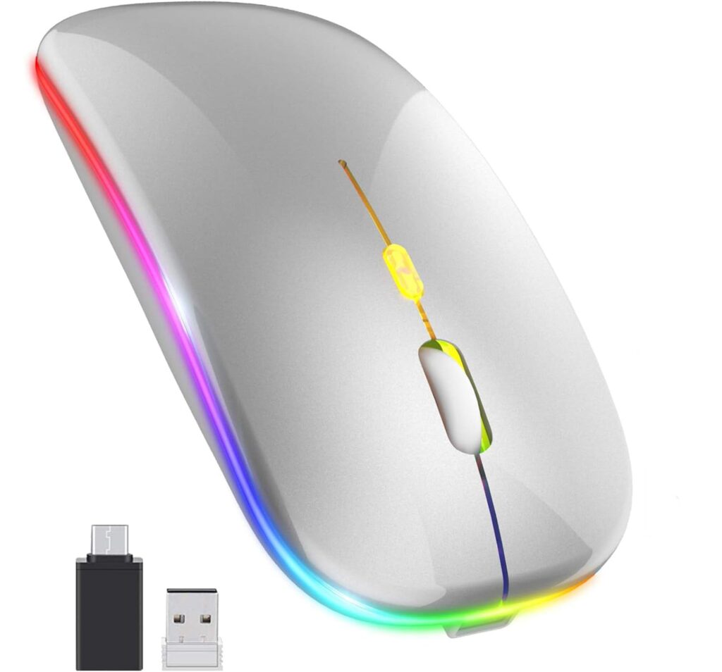 ELECTRO WOLF LED Wireless Mouse, Slim Silent Mouse 2.4G Portable Mobile Optical Office Mouse with USB & Type-c Receiver, 3 Adjustable DPI Levels for Notebook, PC, Laptop, Computer (Silver)