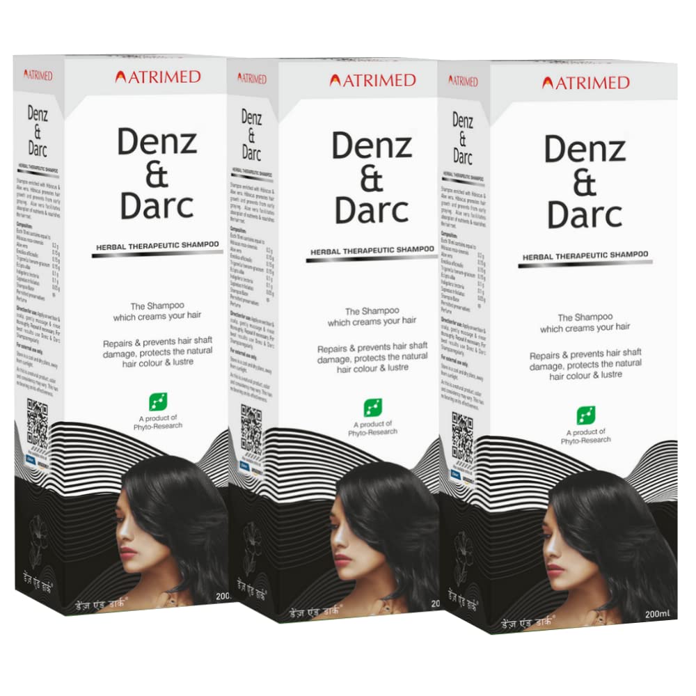 Atrimed Denz & Darc Herbal Therapeutic Shampoo for Healthy Hair | Natural Hair Colour Protection with Hibiscus & Aloe Vera | 200ml (Pack of 3)