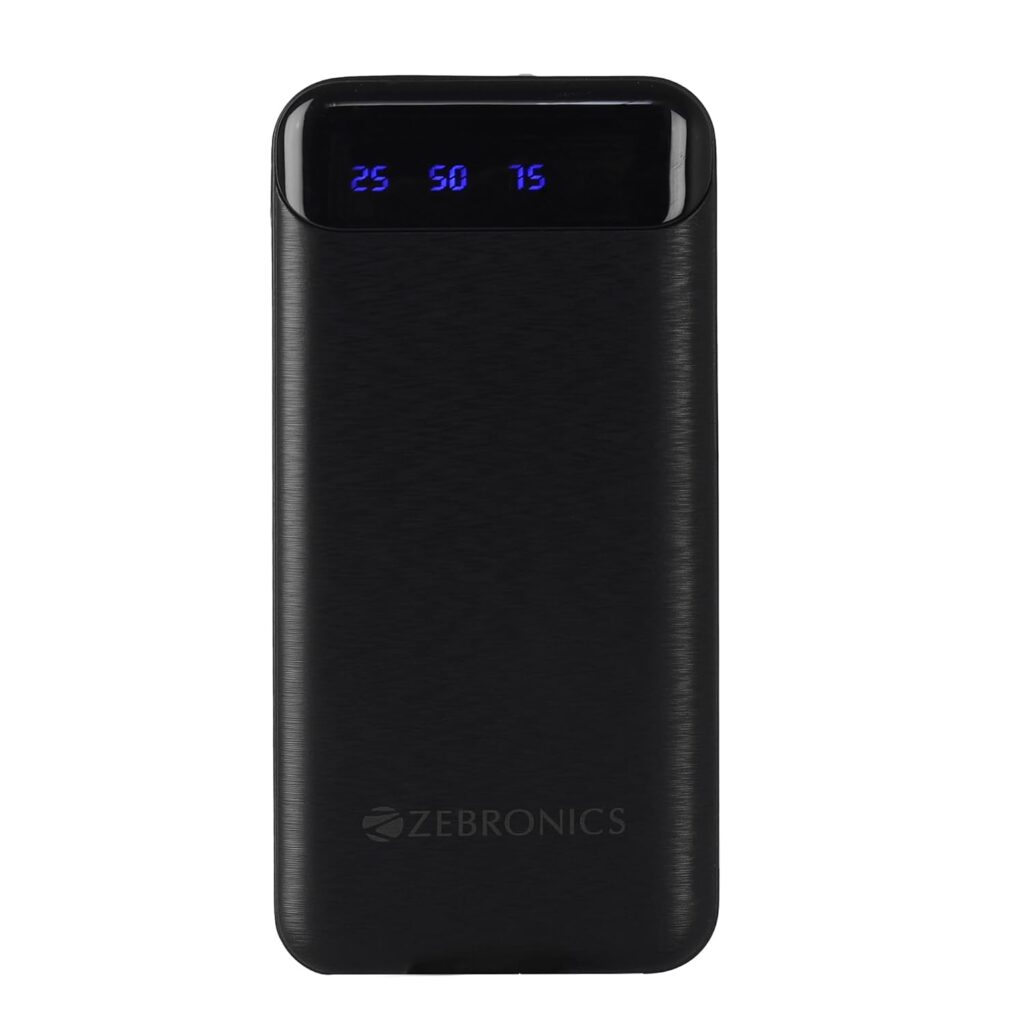 ZEBRONICS MB10000S4 Power Bank, 10000 mAh, 12W, Dual USB Output, Type C & Micro USB Input, Built in Protections, Percentage LED Display, Included USB to Type C Cable, Made in India(Black)