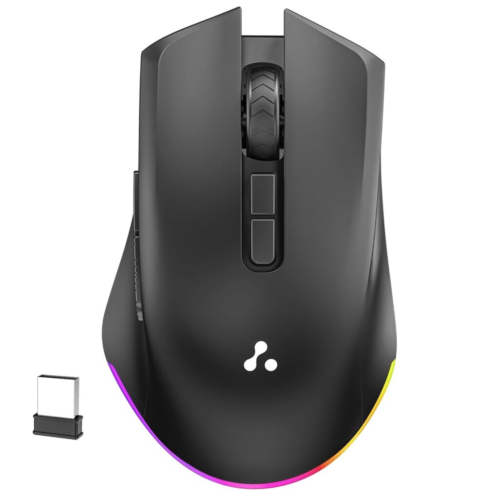 Ambrane Wireless & Bluetooth Rechargeable Mouse with RGB Lights, 7 Buttons, 1600 Adjustable DPI, Ergonomic Design, Connects 3 Devices, 15 Days Battery, 2.4GHz USB, Type C Charging (Sliq Glow, Black)